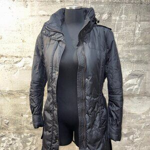 Women's Burberry London Quilted Belted Hooded Coat Black Size Medium